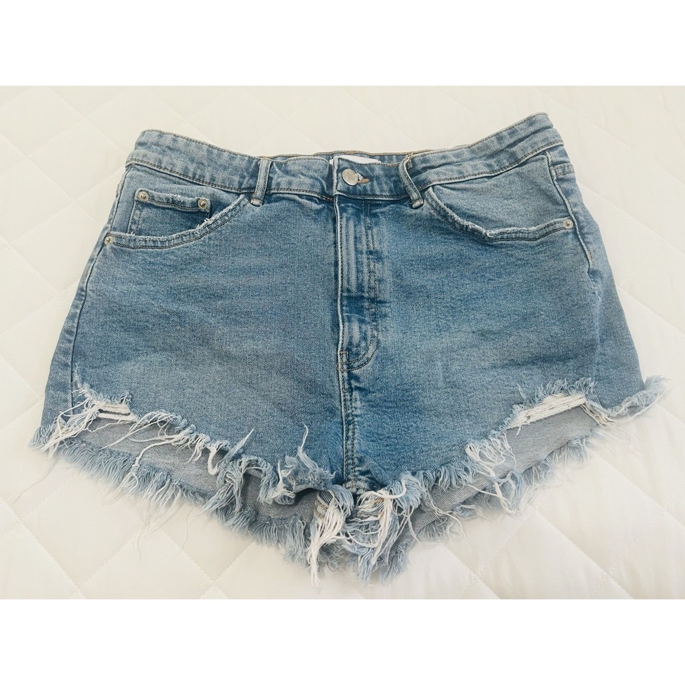 ZARA Women's High Rise Denim Shorts Raw Hem Minimal Distressed Blue Jean Size 12